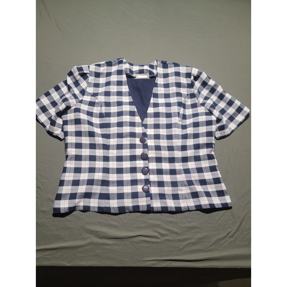 Leslie Belle Vintage Navy Plaid Short Sleeve Button Front Blouse Women 17/18